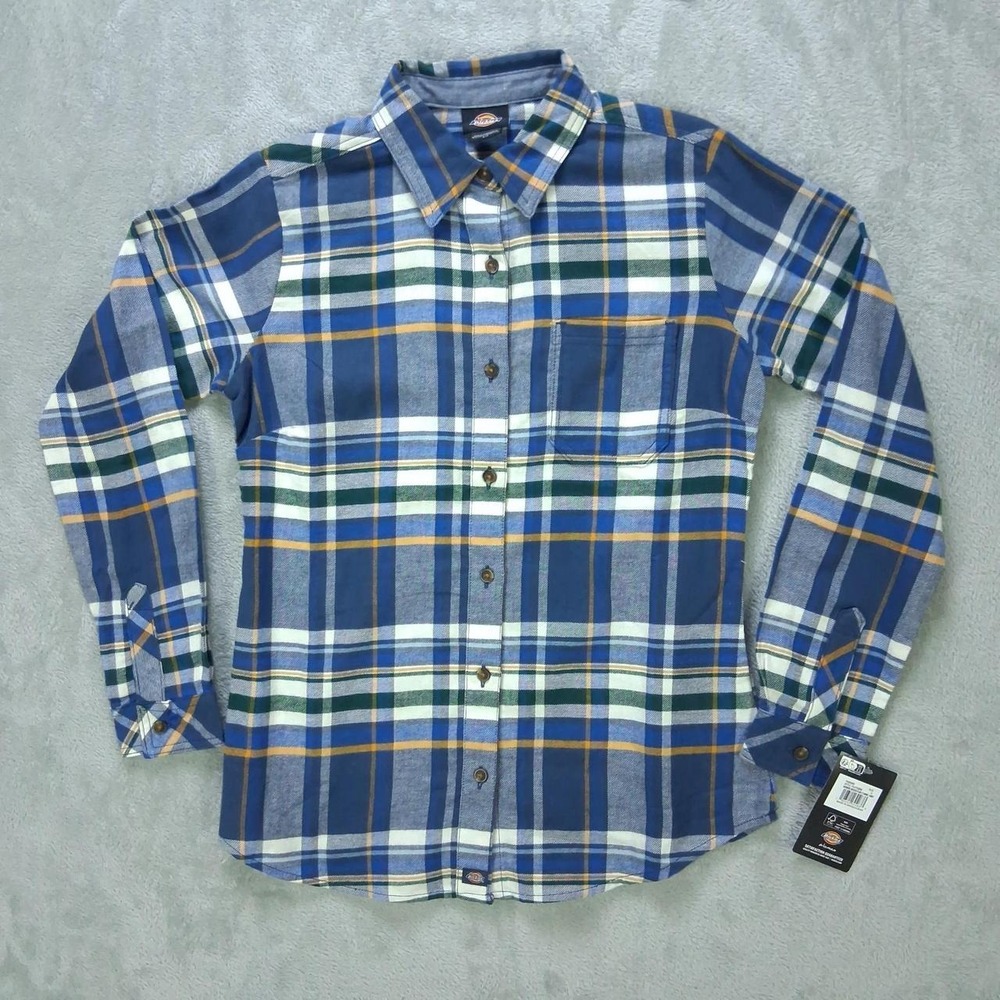 Dickies Womens Plaid Flannel Shirt Blue Long Sleeve Button Up FL0750DM Small NWT